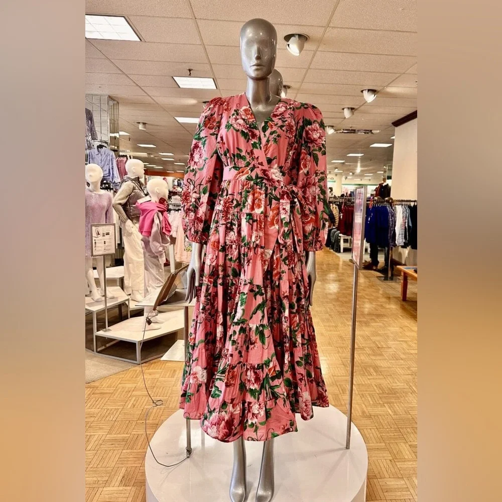 Gibson Latimer NWT Pink Floral Wrap Midi Dress Tiered Romantic Size Large 🌸 - Picture 2 of 8